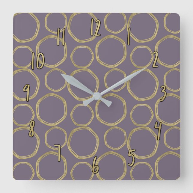 Horloge Carrée Cercles dorés & Taupe rustique Violet Moderne Chic (Recto)