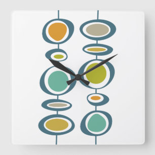 Horloge Carrée Cercles funky Mi-Siècle moderne coloré Rétro
