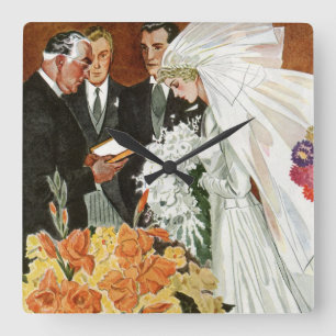 Horloge Carrée Cérémonie de mariage vintage avec mariée et marié