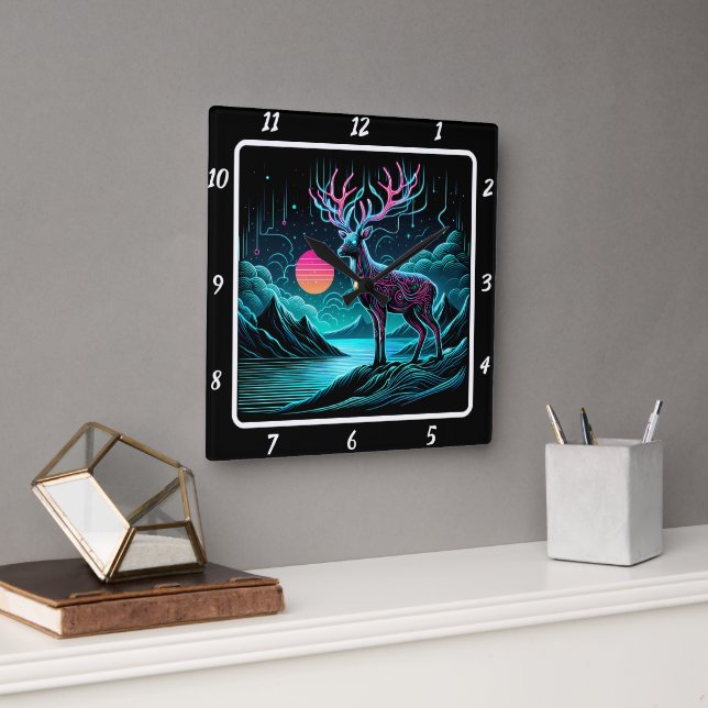 Horloge Carrée Cerf à crépuscule lumineux (Bureau)