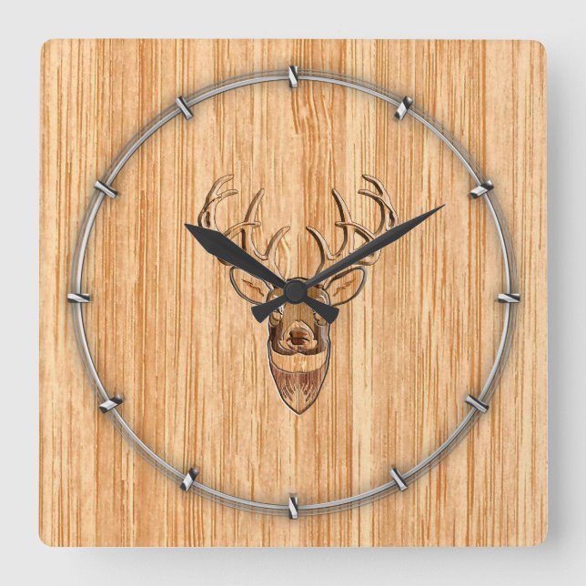 Horloge Carrée Cerf à Queue Blanche Tête Style Incrustation Bois (Recto)