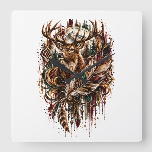 Horloge Carrée Cerf Boho, Rêvant de Cerf (Recto)