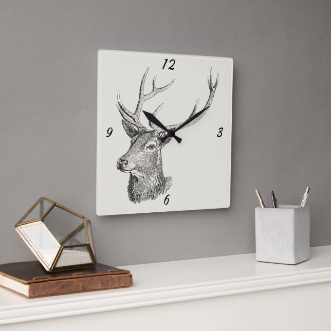Horloge Carrée Cerf Buck Head avec Antlers Black and White Art (Bureau)