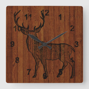 Horloge Carrée Cerf Buck sculpté dans du bois imprimé