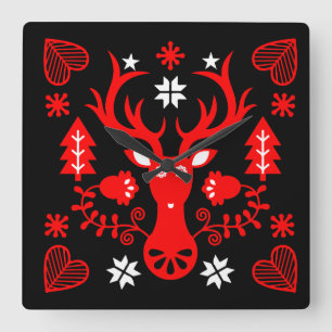Horloge Carrée Cerf de Noël rouge scandinave