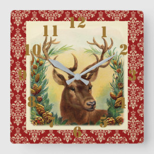 Horloge Carrée Cerf de Noël rustique de campagne Élégant Orné