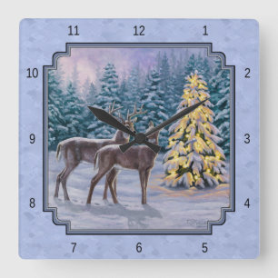 Horloge Carrée Cerf et arbre de Noël Bleu d'hiver