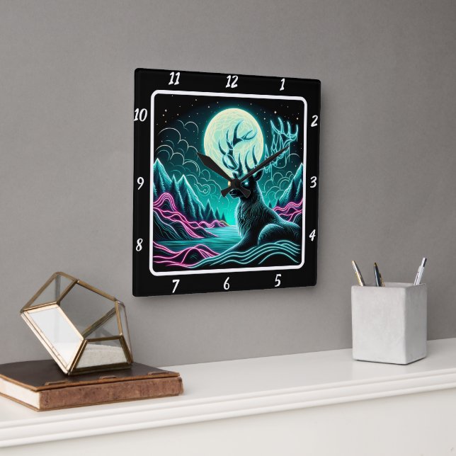 Horloge Carrée Cerf sauvage mystique (Bureau)