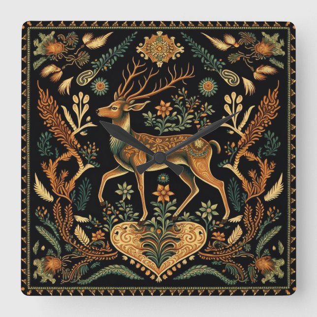 Horloge Carrée Cerf sauvage rustique (Recto)