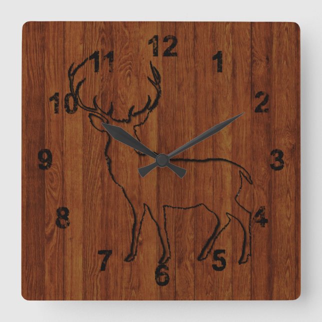 Horloge Carrée Cerf sculpté dans le bois rustique (Recto)