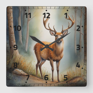Horloge Carrée Cerf Solitaire Dans Des Bois Calmes Animal Sauvage
