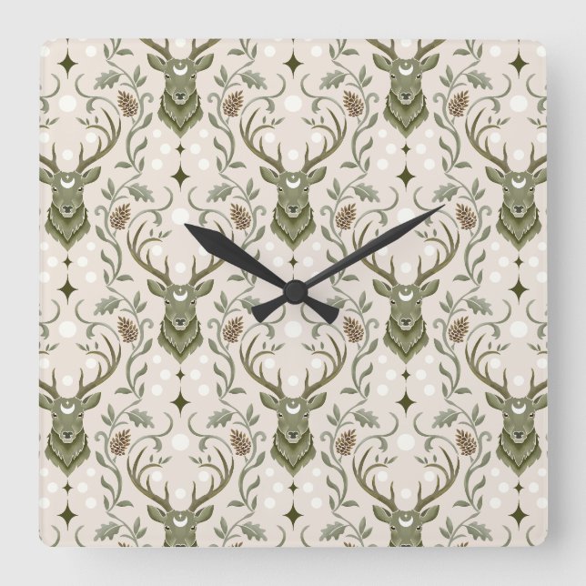Horloge Carrée Cerf Tribal Boho, Rêvant de Cerf (Recto)