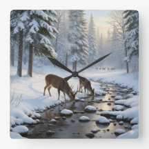 Cerfs buvant dans un ruisseau enneigé -