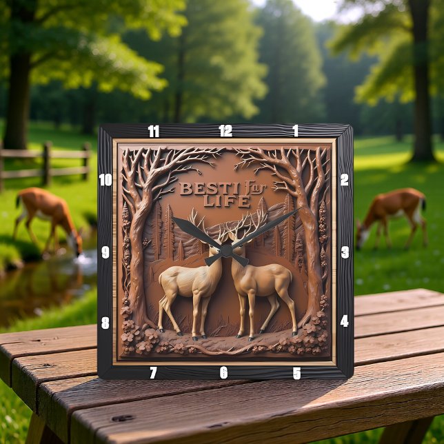 Horloge Carrée Cerfs gravés Forêt Arbres (Créateur téléchargé)