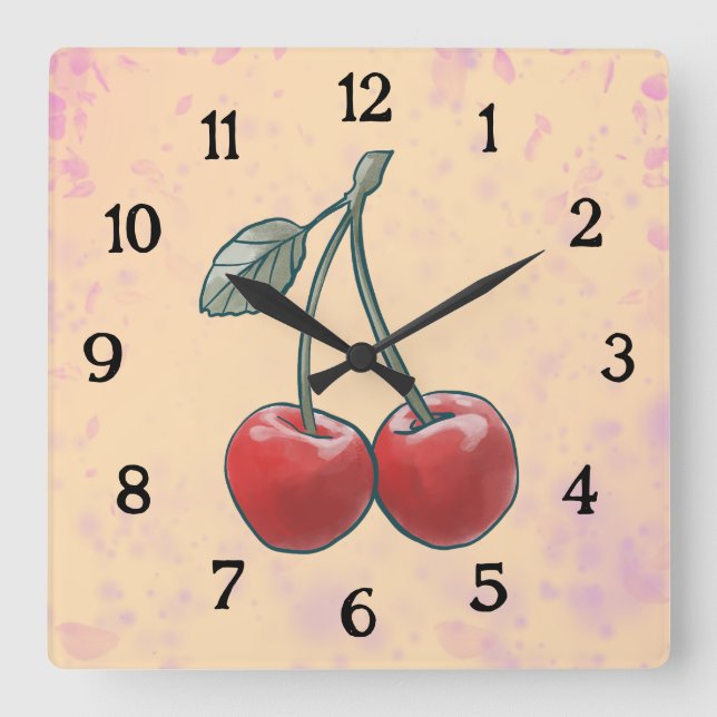 Horloge Carrée Cerise Aquarelle rose Fruit  (Recto)