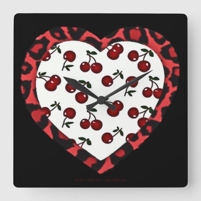 Horloge Carrée Cerises RAB Empreinte de léopard Heart Rockabilly (Recto)