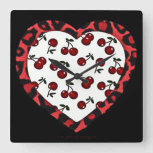 Horloge Carrée Cerises RAB Imprimé Léopard Cœur Rockabilly