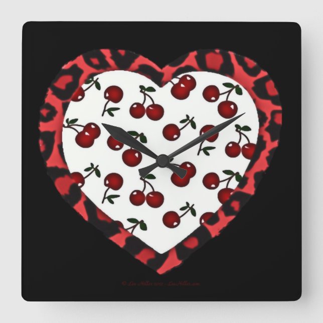 Horloge Carrée Cerises Rockabilly RAB Impression Léopard Coeur (Recto)