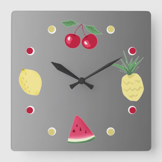 Horloge Carrée Cerisier, ananas, citron et pastèque grand cou (Recto)