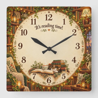 Horloge Carrée C'est le moment de lire Bibliothèque Cosy
