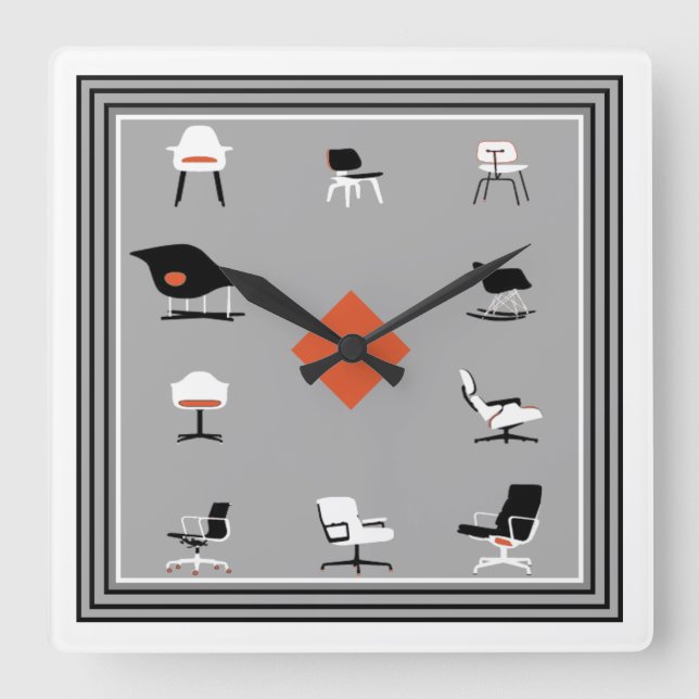 Horloge Carrée Chaises modernes du milieu du siècle Couleurs rétr (Recto)