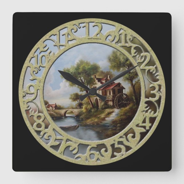Horloge Carrée Chalet à roue sur l'eau (Recto)