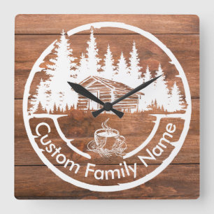 Horloge Carrée Chalet Cabane Grange Maison   Nom de Famille Perso