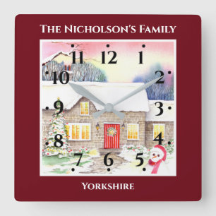 Horloge Carrée Chalet neigeux Aquarelle peinture cadre rouge