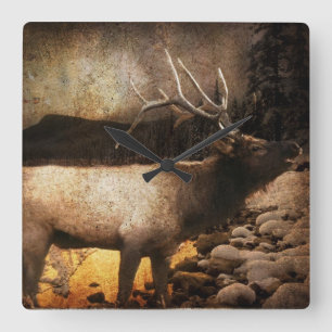 Horloge Carrée Chalet rustique cabine wapiti de montagne