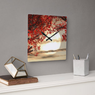 Horloge Carrée Chaleureuse nuit sous l'arbre rouge - Art numériqu