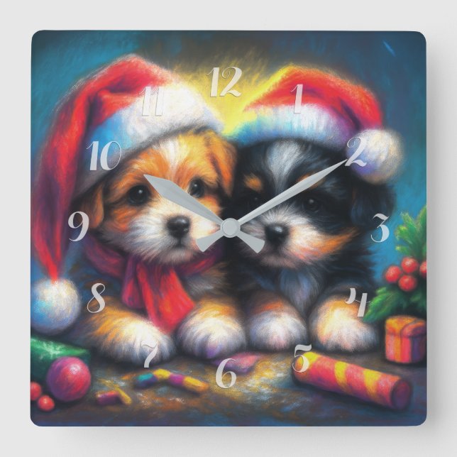 Horloge Carrée Chalk Dessin deux mignonnes chiots à Santa Hats (Recto)