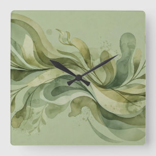 Horloge Carrée Chanson de la Terre Flowing Abstraits Verts Sauge