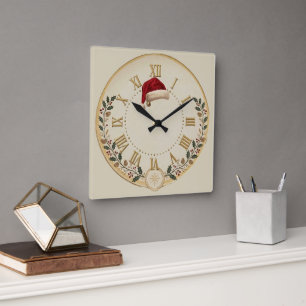 Horloge Carrée Chapeau de Noël vintage de Santa en houx carré en