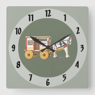 Horloge Carrée Chariot à lait en bois vintage tiré par un cheval