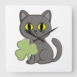 Horloge Carrée Charme Trèfle Trèfle à quatre feuilles de chat gri