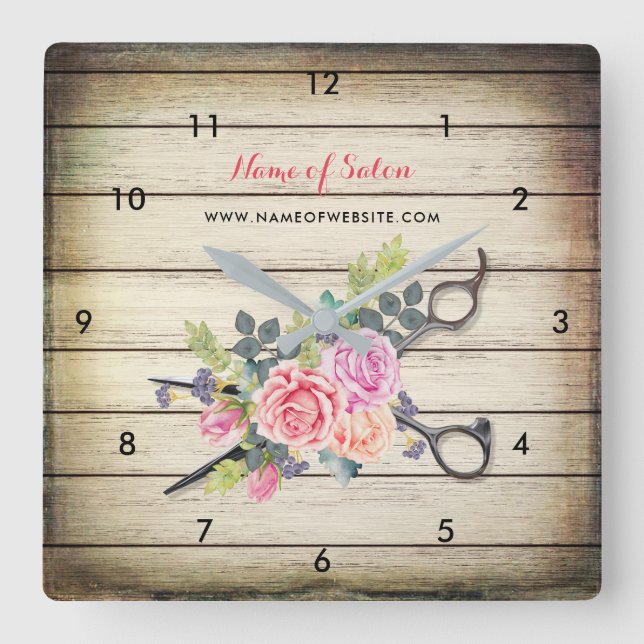 Horloge Carrée Charming Barn Wood Scissors and Roses Hairstylist (Recto)