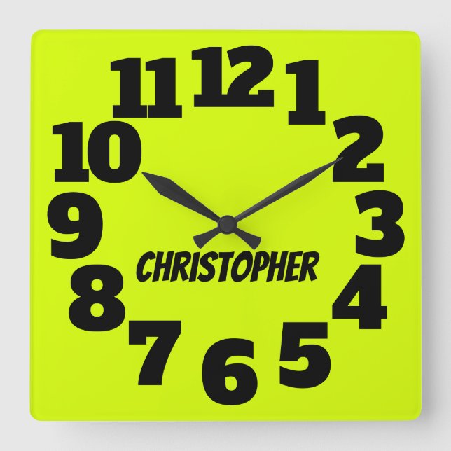 Horloge Carrée Chartreuse Neon Jaune-Vert Grand Nombre (Recto)