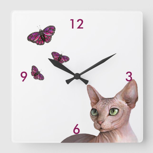 Horloge Carrée Chat 578 Sphynx Sphinx Chat Papillon rose (Recto)