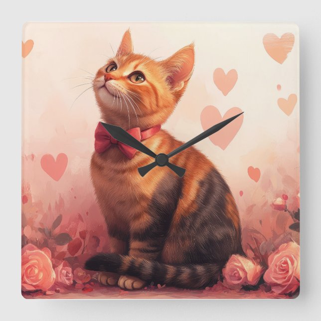 Horloge Carrée Chat Abyssin avec des Roses - Saint-Valentin (Recto)