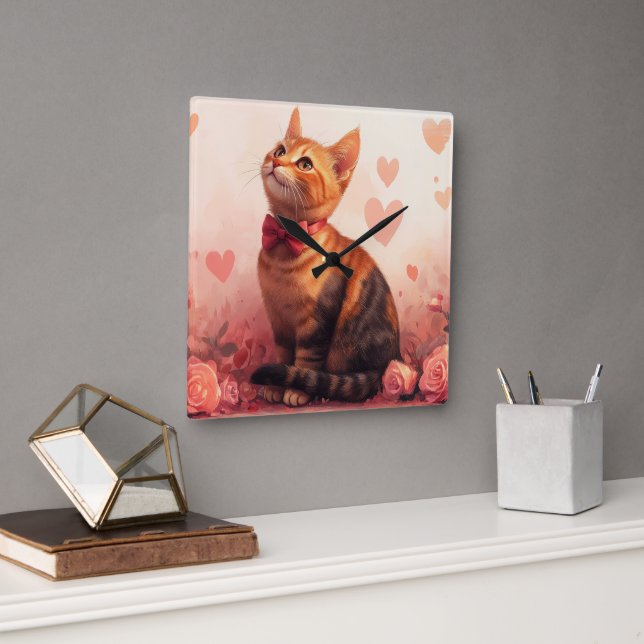 Horloge Carrée Chat abyssinien avec Rose - Saint Valentin (Bureau)