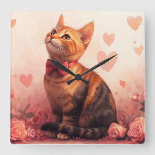 Horloge Carrée Chat abyssinien avec Rose - Saint Valentin