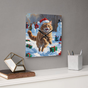 Horloge Carrée Chat Angora Turc courant dans la neige avec un cha