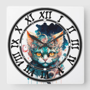 Horloge Carrée Chat aquarelle en style steampunk