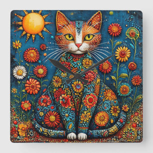 Horloge Carrée Chat au corps floral esthétique inspiré de la natu