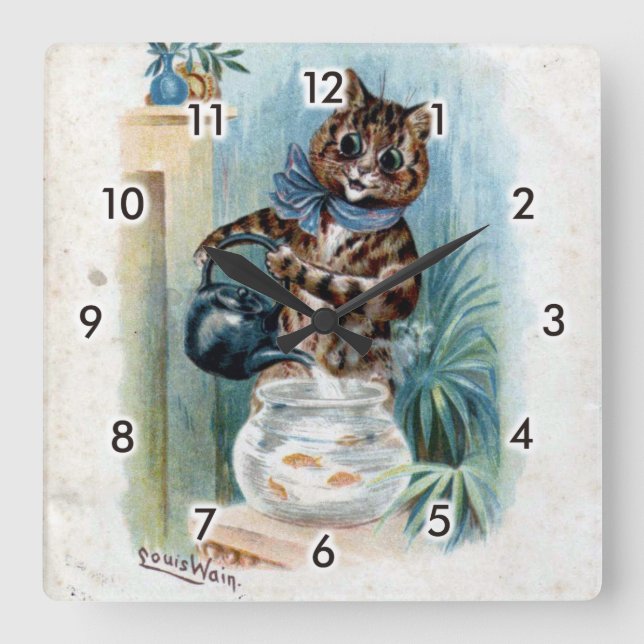 Horloge Carrée Chat avec bouilloire, Louis Wain (Recto)