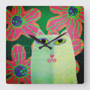 Horloge Carrée Chat avec Fleurs Art Abstrait