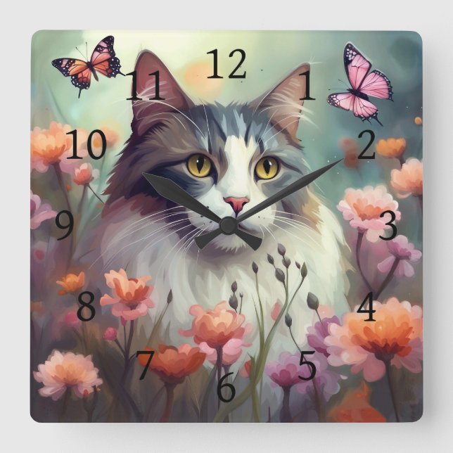 Horloge Carrée Chat avec fleurs et papillons AI Chat 701 (Recto)