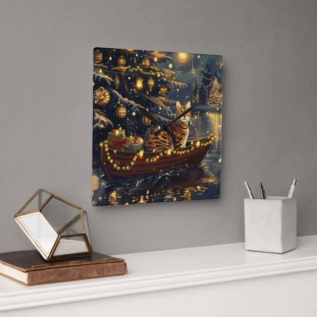 Horloge Carrée Chat Bengal Voyage de Noël Festif (Bureau)
