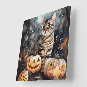 Horloge Carrée Chat Bengale D'Halloween Avec Peur Citrouille