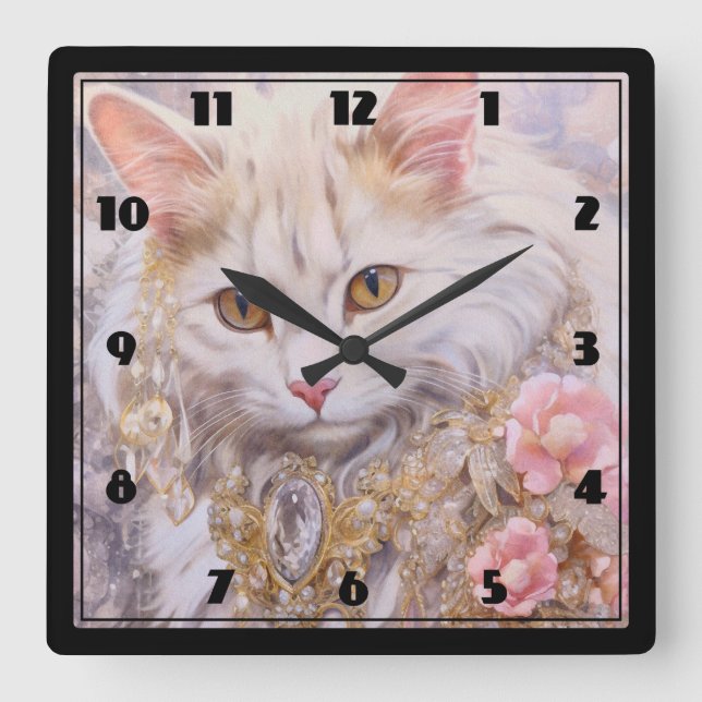 Horloge Carrée Chat blanc élégant en or et diamants (Recto)